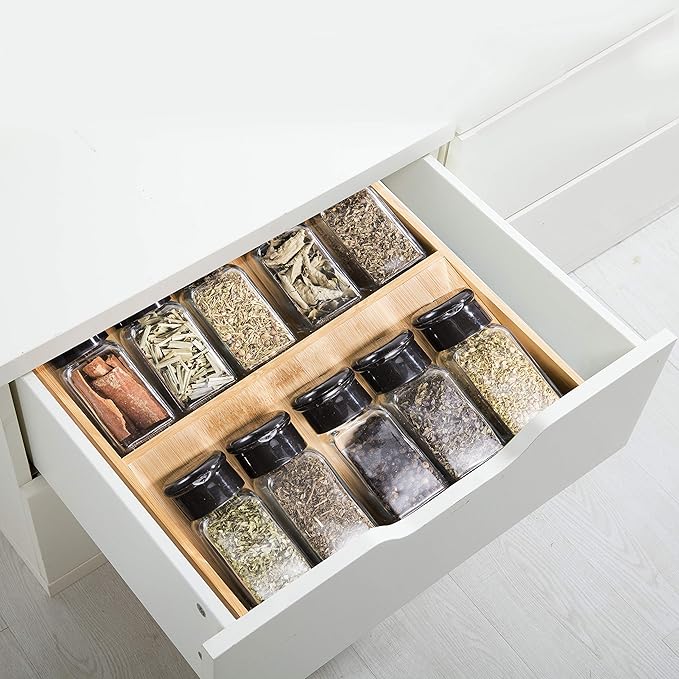 Bamboo Spice Rack Organizer for Drawer 3 Tier Bamboo Spice Tray Cabinet for Kitchen Storage and Organizer (Pre-Measure Your Drawer)(1 Pack, Drawer)