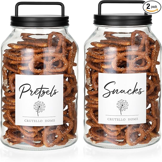 Crutello Large 1-Gallon Glass Canisters Set - 2 Pack, Black Stainless Steel Airtight Lids & Labels - Cookie Jar, Glass Jar for Laundry Room, Food Storage Containers, Kitchen Canister