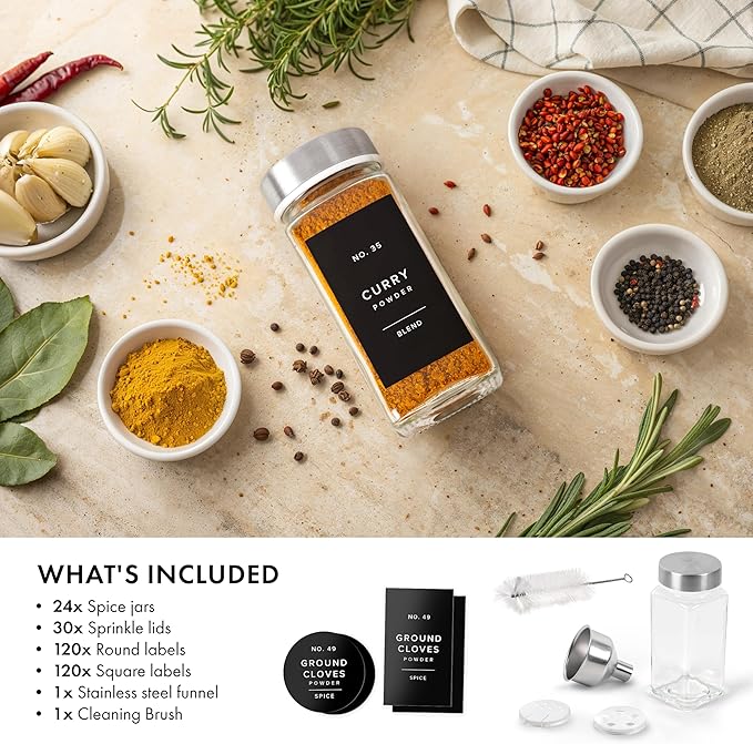 Glass Spice Jars with Label and Stainless Steel Lids (24 x 4oz) Spice Containers with 240 Labels, Shaker Inserts, Steel Funnel, Empty Square Empty Square Seasoning Organizer (Silver)