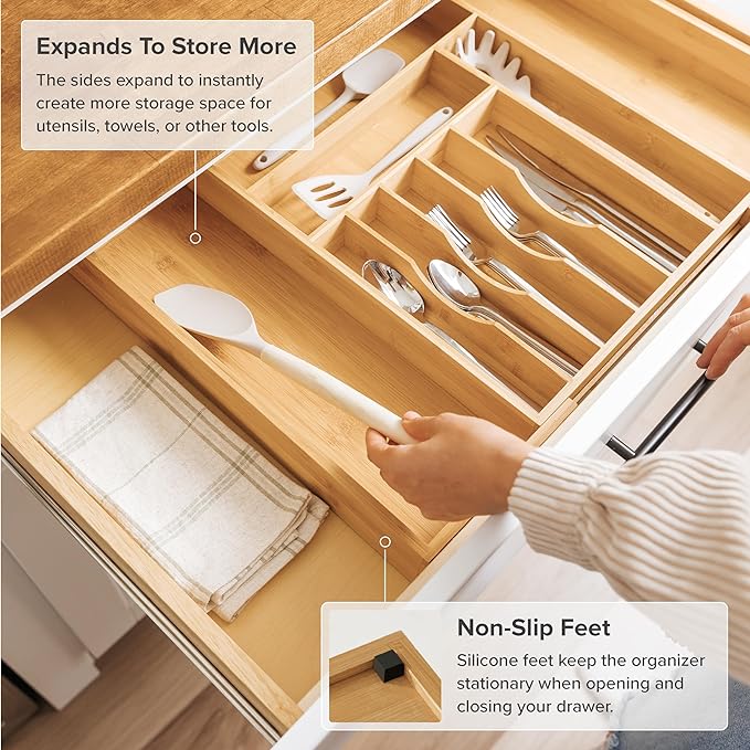 Premium Silverware, Flatware and Utensil Organizer for Kitchen Drawers, Food-Safe Contract Grade, Expandable from 14 to 25 In, Natural Bamboo