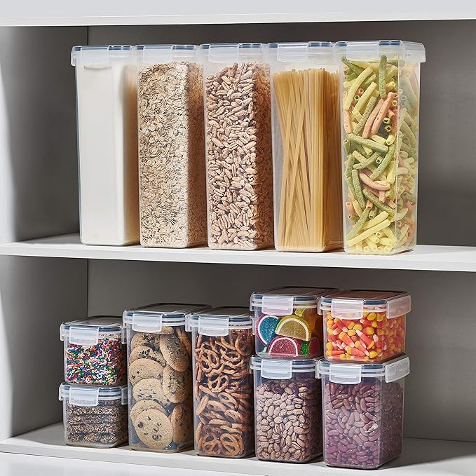 24 Pack Airtight Food Storage Container Set - BPA Free Clear Plastic Kitchen and Pantry Organization Canisters with Durable Lids for Cereal, Dry Food Flour & Sugar - Labels, Marker & Spoon Set