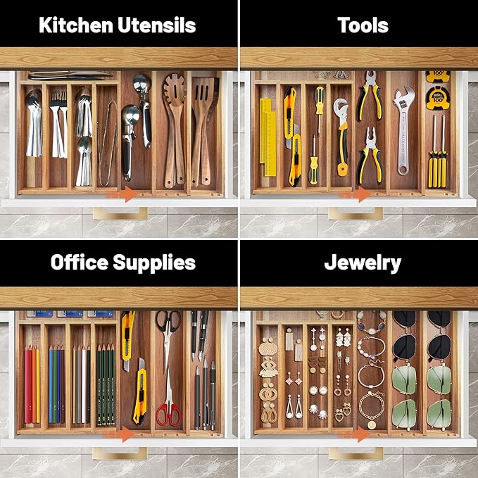 Acacia Wood Expandable Silverware Organizer, Kitchen Utensil Drawer Organizer for Forks & Spoons, 8-Compartment Cutlery Tray, Flatware Holder
