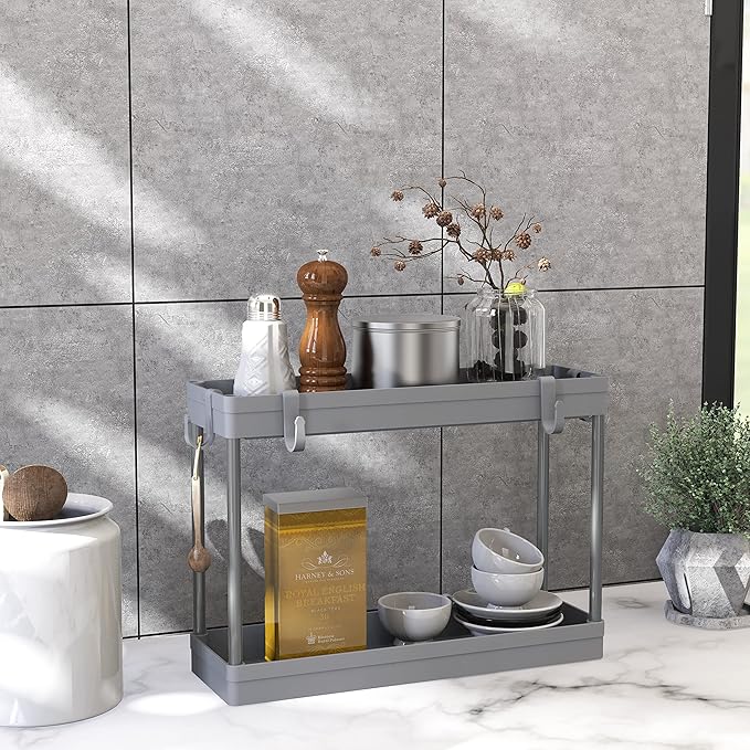 Simple Houseware 2-Tier Under Sink Organizer Storage Tray with Hooks, Grey