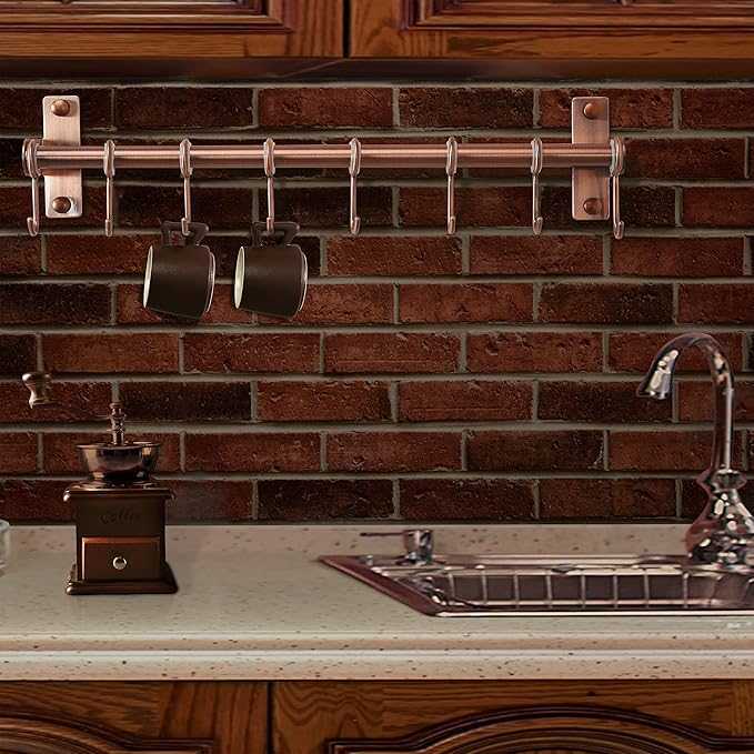Dseap Kitchen Untentil Rail with 8 Hooks,Hanging Rack for Pots and Pans, Plants, Double Bars, Wall Mounted, Antique Copper, Pack of 2