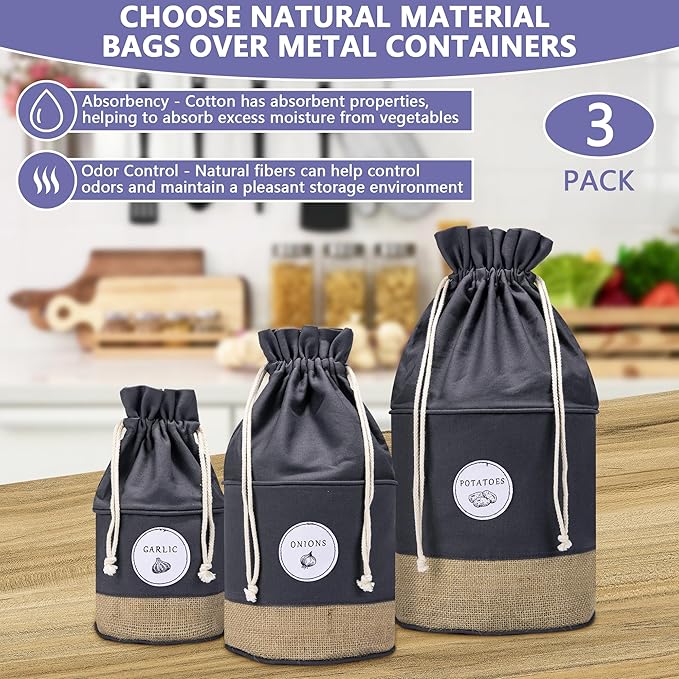 MERAKI HOME Potato Onion Garlic Storage Containers - Farmhouse Kitchen Storage Organization Pots - Sustainable Jute Cotton Vegetable Baskets Bins - Drawstring Holder