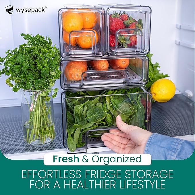 4-Pack - Fridge Organizer Bins - Stackable Fridge Organization with Drawers, Water Collection Insert, Easy Access Refrigerator Organizers and Storage