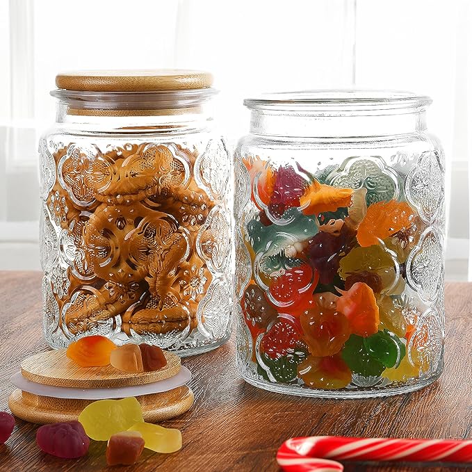 Glass Storage Jars With Airtight Lid, 23.7oz Canister For Kitchen Counter with Bamboo Lid, brown sugar, candy, coffee, cookie, salt, tea,pantry cute Jar (Begonia & Sunflower)