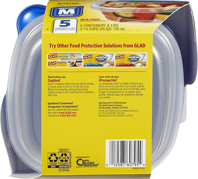 Glad Food Storage Containers for Everyday Use, Medium Square - Standard Meal Container Holds up to Twenty-Five Ounces, Blue, 25 oz - 5 Count