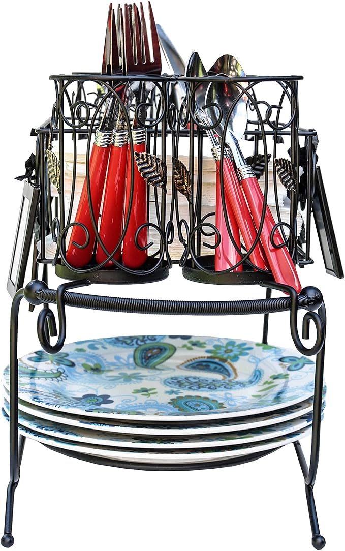 Utensil Caddy - Silverware Caddy or Napkin, Cutlery and Plate Holder - The Ideal 2-Piece Portable Outdoor Kitchen Accessories Buffet Organizer for Picnics, Camping, Barbecue, Parties and Events