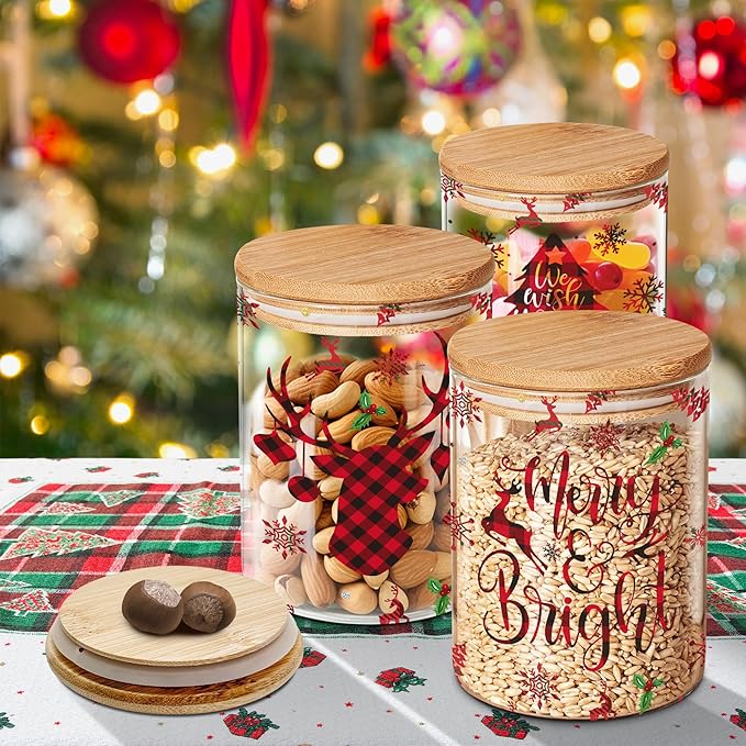 Christmas Plaid Glass Storage Jars Set with Airtight Bamboo Lids - Clear Christmas Home Decor