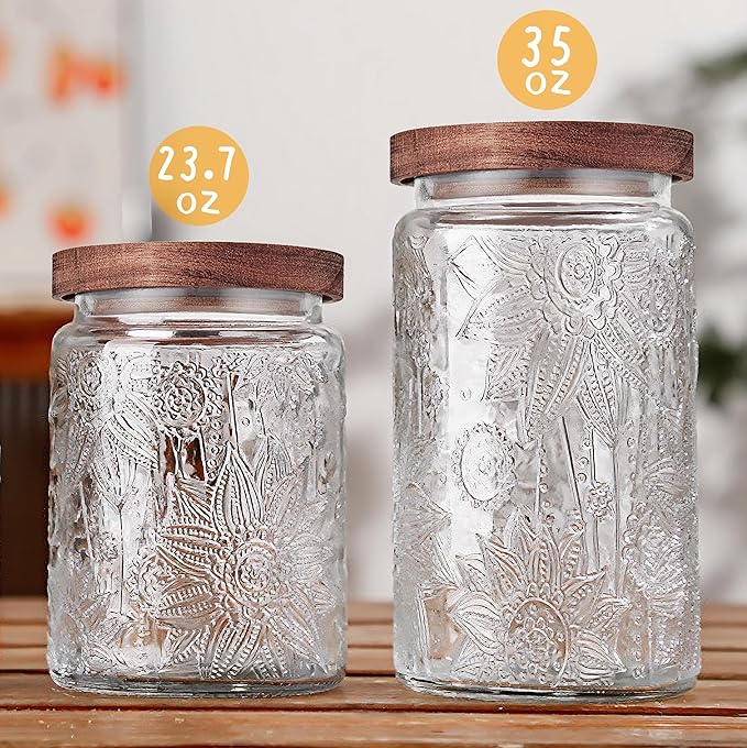 Glass Storage Jars With Airtight Lid, 35oz Container For Kitchen Counter with Wooden Lid, brown sugar, candy, coffee, cookie, salt, tea, cute Jar (35oz Large Sunflower)