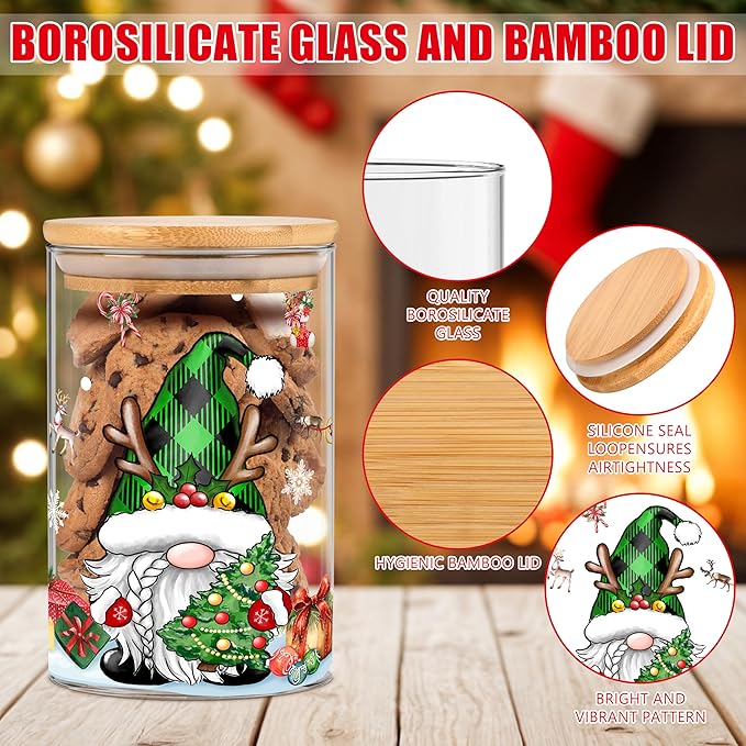 3 Pack Christmas Glass Storage Jars With Airtight Bamboo Lid Gnome Snowflakes Canister Sets for Kitchen Countertop Decor Cookie Jars Candy Containers