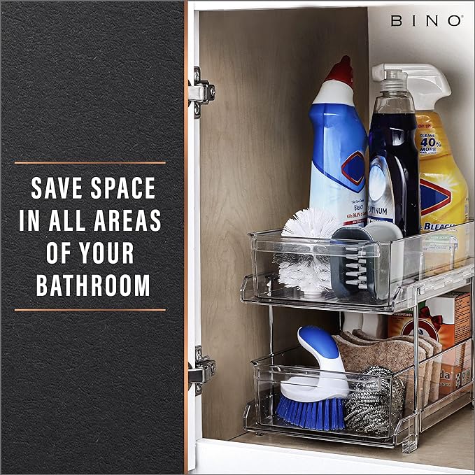 BINO 2 Tier Clear Storage Organizer with Dividers | Slide Out Drawer for Under Sink or Medicine Cabinet | Bathroom Closet, Vanity, Pantry Organizer | Under Cabinet Storage for Bathroom and Kitchen