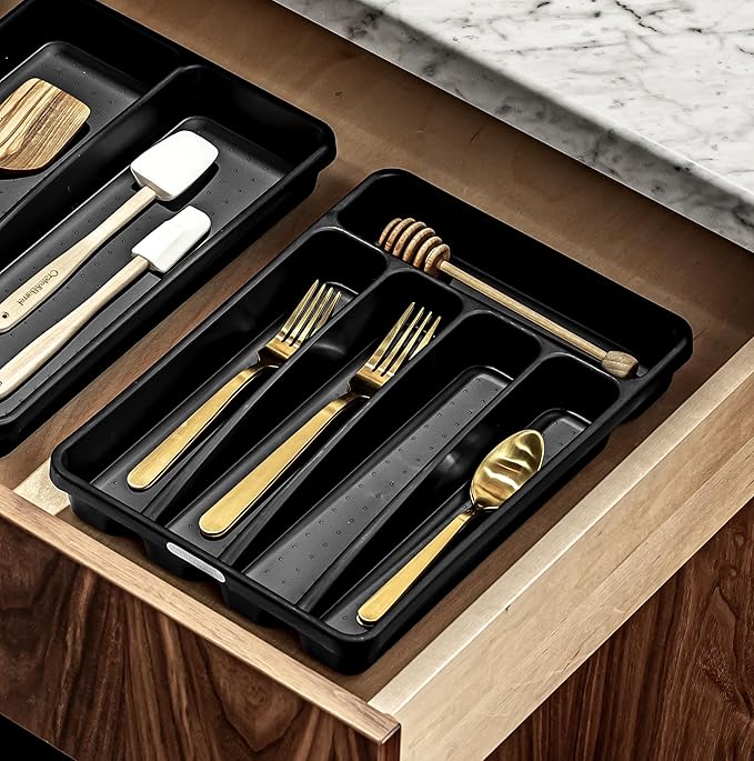 madesmart Premium Antimicrobial Classic Mini Silverware Tray, Soft Grip, Non-Slip Kitchen Drawer Organizer, 5 Compartments, Multi-Purpose Home