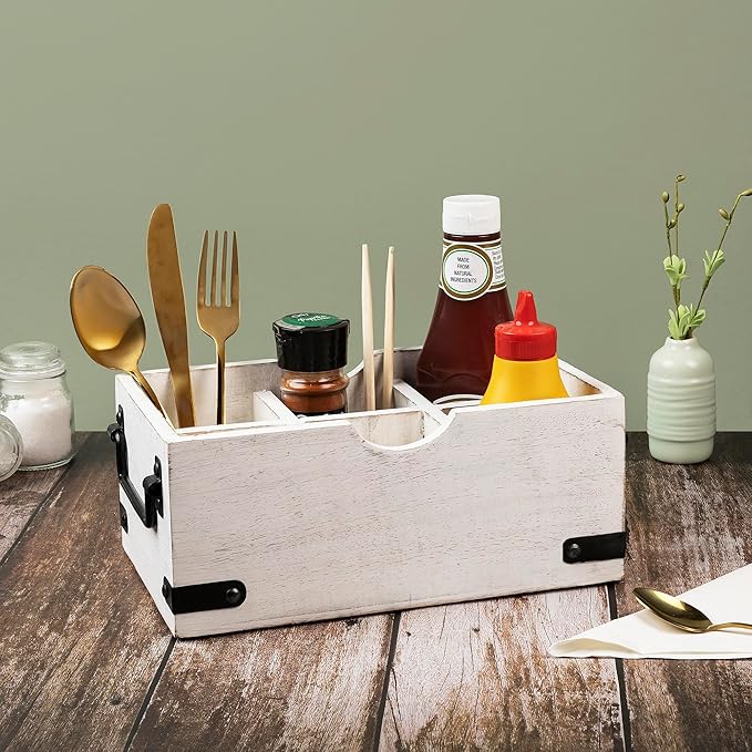 GoCraft 6-Compartment Wooden Flatware Caddy – Versatile Organizer for Kitchen Utensils, Silverware, Condiments, Craft Supplies, Makeup Brushes – Whitewashed Mango Wood with Sturdy Metal Handles