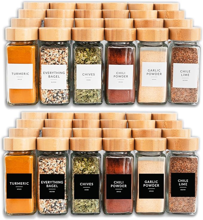 SAVVY & SORTED Glass Spice Jars with Label, 24PK Bamboo Jar Spices Set 4oz, 374 Spice Labels, Pepper Grinder, Empty Herb Seasoning Containers, Funnel and Shaker Lids
