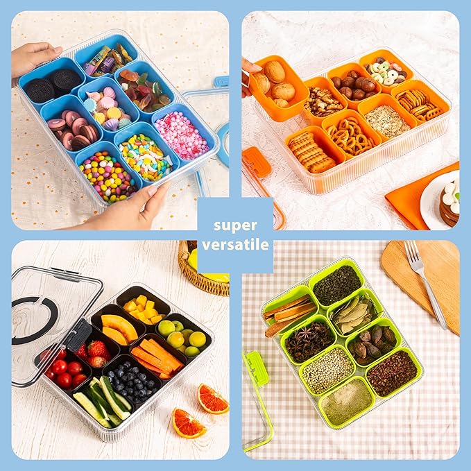 Patent Design Ribbed Snackle Box Container Divided Serving Tray with Lid and Handle -Charcuterie Container Portable Storage Organizer for Candy, Fruit, Beach, Picnics(1 pcs, Black)