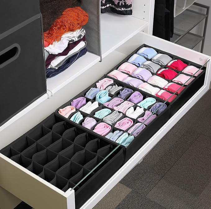 Simple Houseware Sock Drawer Organizer for Dresser/Closet/Bedroom, 3 Pack, Black