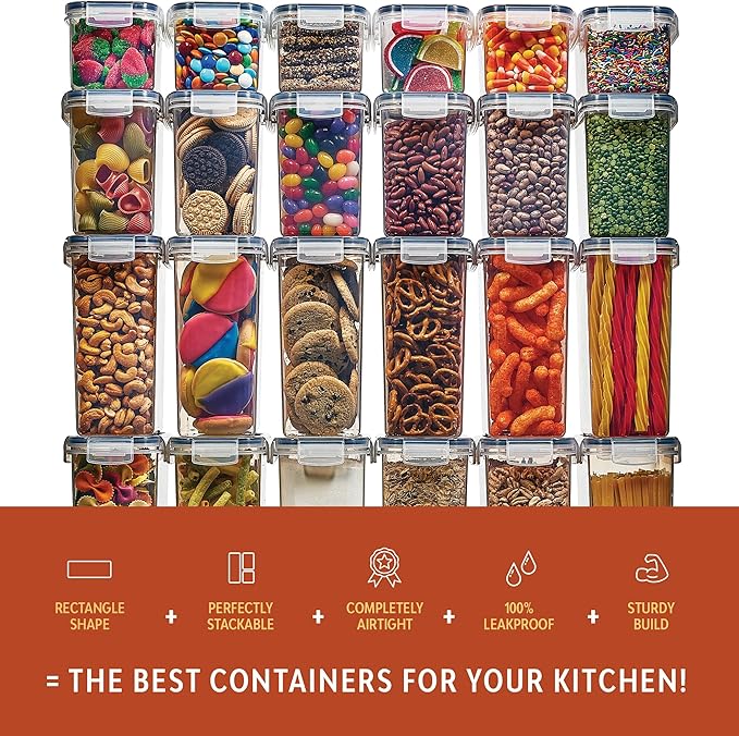 24 Pack Airtight Food Storage Container Set - BPA Free Clear Plastic Kitchen and Pantry Organization Canisters with Durable Lids for Cereal, Dry Food Flour & Sugar - Labels, Marker & Spoon Set