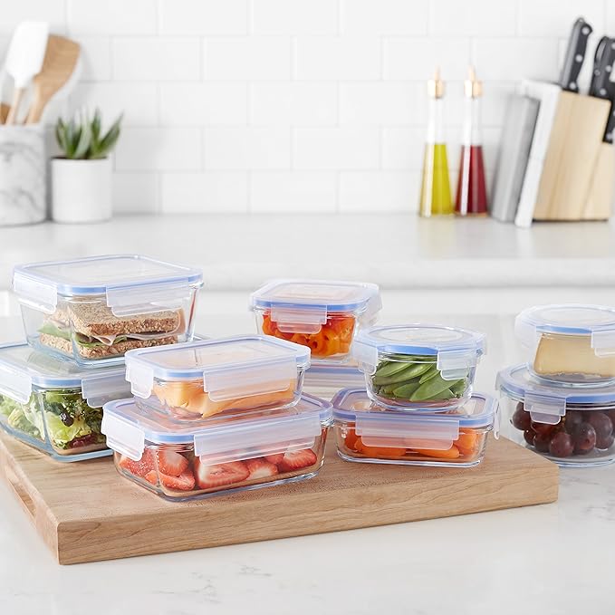 Amazon Basics 20-Piece Glass Food Storage Containers, includes 10 Bases and Plastic Lids, Transparent, Blue