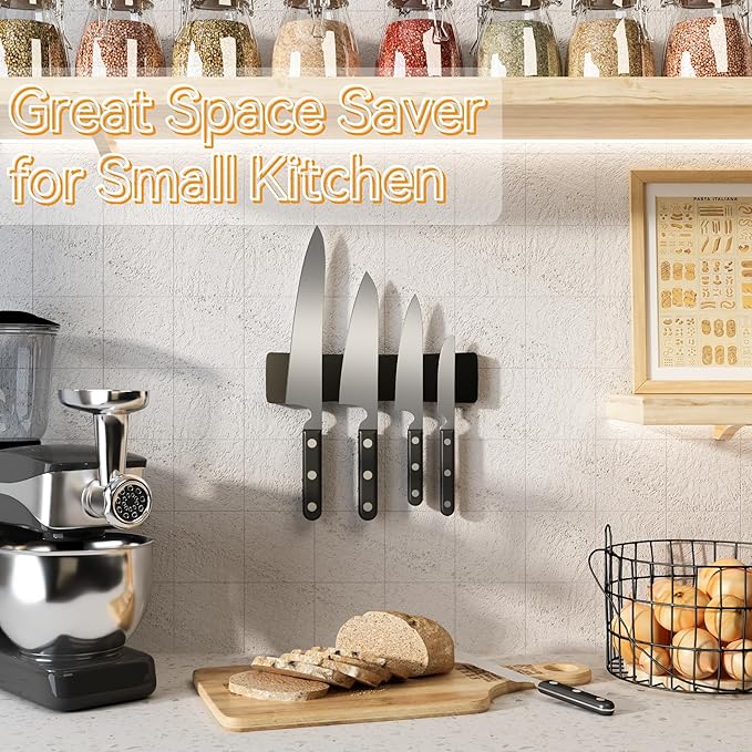 Magnetic Knife Holder for Wall, 10" Acacia Wood Knife Magnetic Strip Powerful Magnet Knife Holder Strip No Drill Use as Tool Key Storage Knife Bar, Knife Rack for Kitchen Utensil Organizer Black