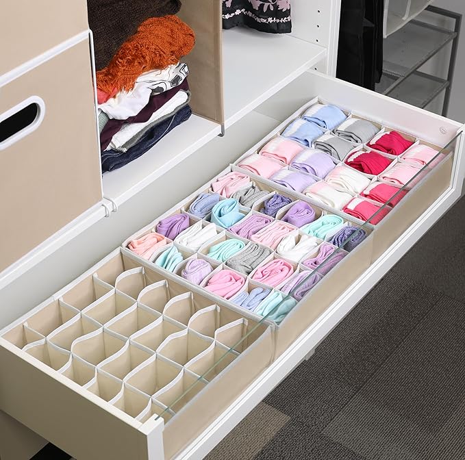 Simple Houseware Sock Drawer Organizer for Dresser/Closet/Bedroom, 3 Pack, Beige