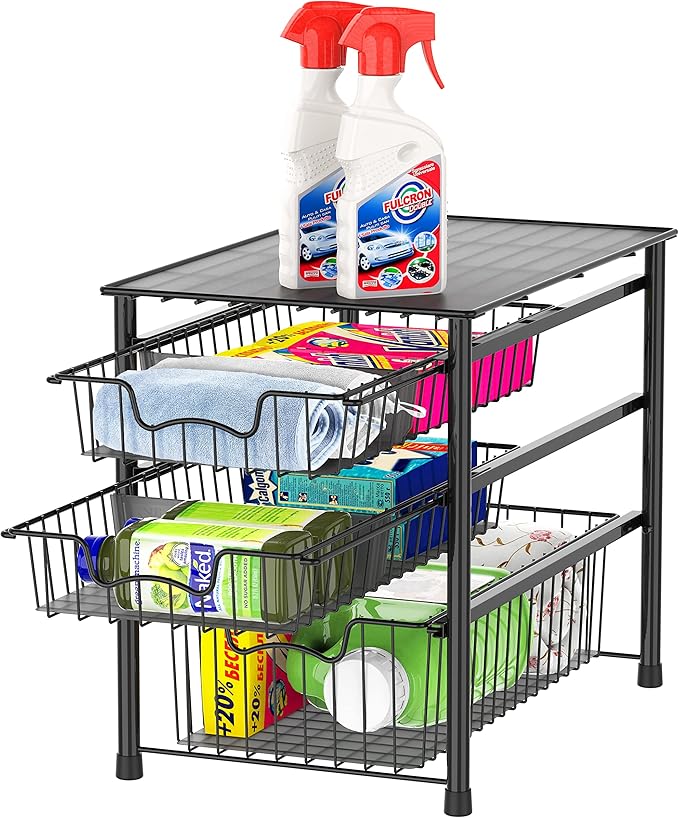 Simple Houseware 3-Tier Stackable Sliding Basket Storage Organizer Drawer for Bathroom and Kitchen, Black