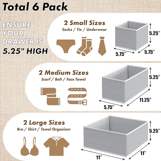 Simple Houseware Underwear Drawer Organizer for Lingerie/Undergarment/Bra/Panty/Sock/Onesie, Set of 6, Gray
