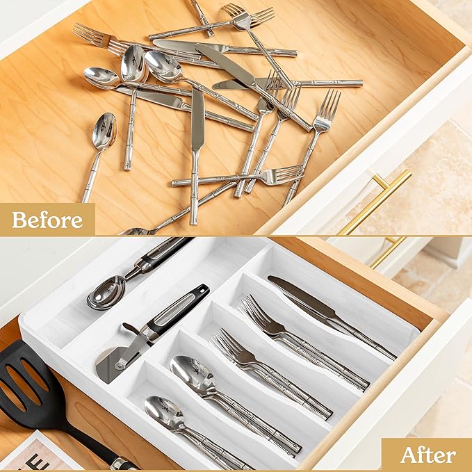 SMIRLY Silverware Drawer Organizer – Bamboo Kitchen Drawer Organizer, Adjustable Utensil Holder and Cutlery Tray, Drawer Dividers for Flatware and Kitchen Utensils