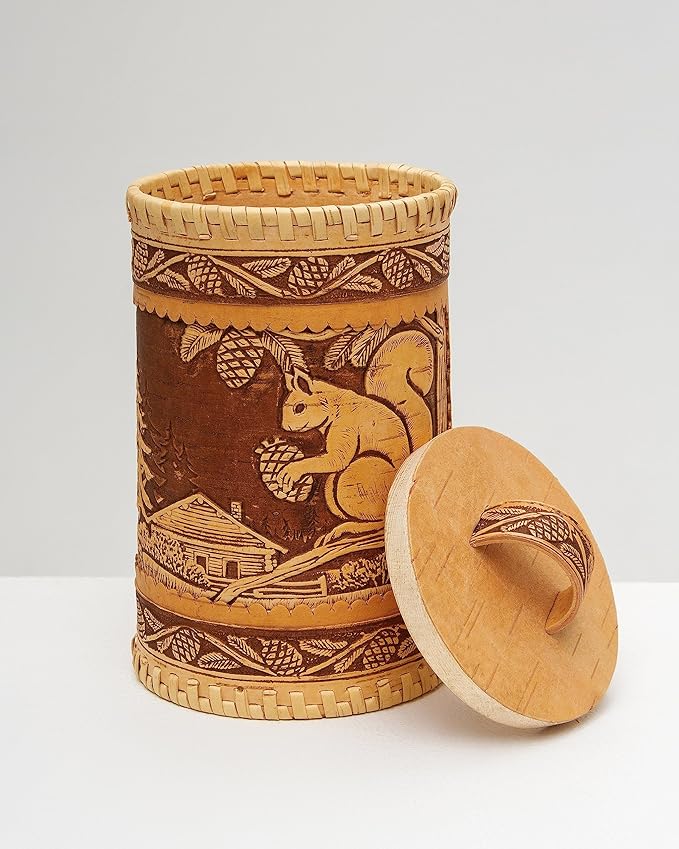 Wooden Kitchen Jar, Birch Bark Canister, Farmhouse Style Wood Container, Tall Round Storage Box Squirrel, D 4,7"(12cm), H 7,9"(20cm)