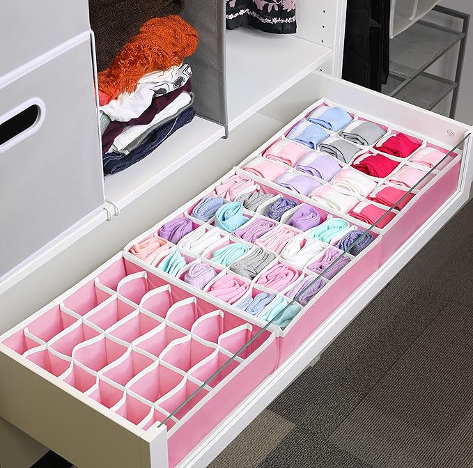 Simple Houseware Sock Drawer Organizer for Dresser/Closet/Bedroom, 3 Pack, Pink