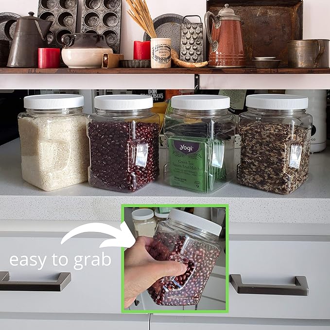 32oz Clear PET Plastic Square Wide Mouth Jars with Grip Handle and White Ribbed Lined Caps, BPA Free, Multi-Use Empty Containers, Household Dried Food Canisters, Made in the USA (Pack of 4)
