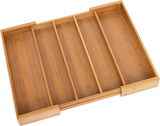 Seville Classics Bamboo Premium Organizer Storage Bins for Kitchen Silverware, Pantry, Closet, Office Desk, Pens, Utensils, Makeup, K Cup, Bamboo, Expandable Tray (5 Compartment)