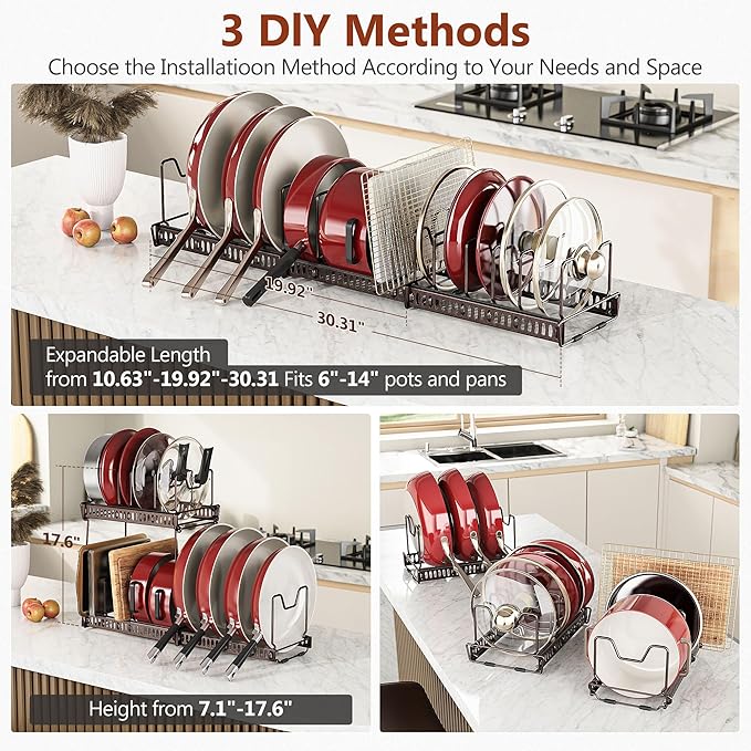 3 Pack Expandable Pan Organizer for Cabinet,Pot Lid Holder Rack with 14 Adjustable Compartment for Kitchen Cabinet Cookware Baking Frying Rack (Bronze)