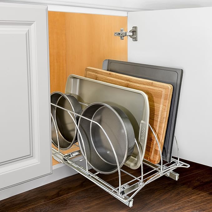 LYNK PROFESSIONAL® Pull Out Cutting Board, Cookie Sheet, and Baking Pan Organizer Rack - Lifetime Ltd. Warranty - Slide Out Kitchen Cabinet Storage Organizers – 10” x 21” Deep - Pullout Shelf, Chrome