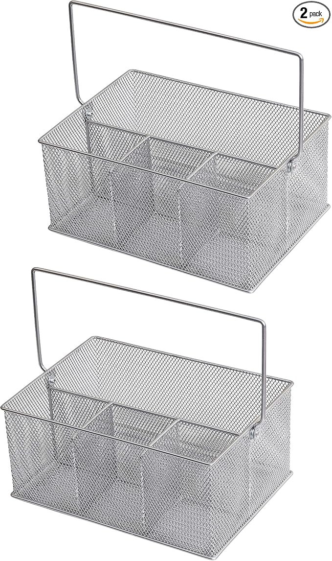 YBM HOME Mesh Silver Condiment Caddy/Kitchen Supply, Utensil, Silverware Organizer Cutlery Holder Flatware Storage Napkin Holder (Silver, 2)