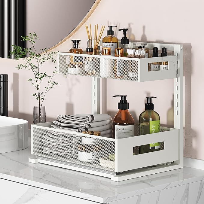 Sturdy Full Metal Organizer and Storage, 7 Height Adjustable, for Under Sink, Kitchen, Bathroom, Pantry, Cabinet, Closet with Mesh Sliding Bottom Drawer, Slides Out & In Smoothly