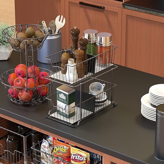 SimpleHouseware 2 Tier Cabinet Wire Basket Drawer Organizer, Brown