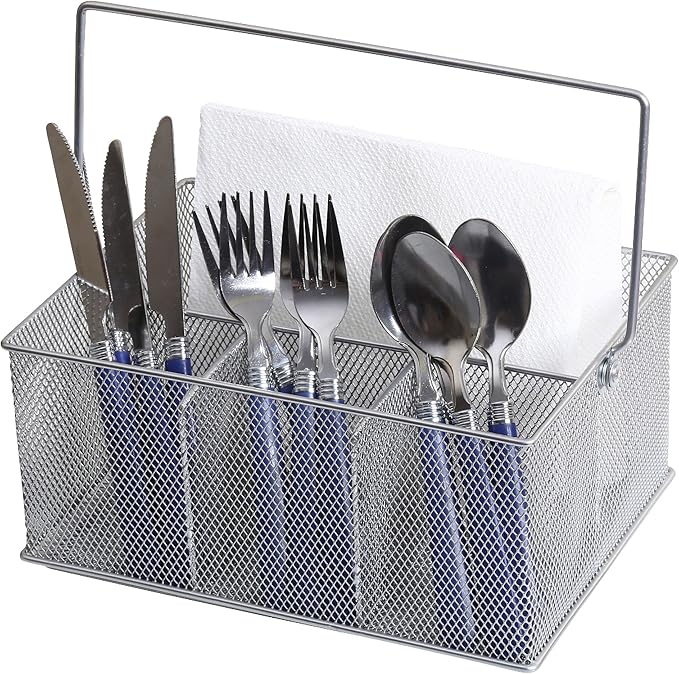 YBM HOME Mesh Silver Condiment Caddy/Kitchen Supply, Utensil, Silverware Organizer Cutlery Holder Flatware Storage Napkin Holder (Silver, 1)