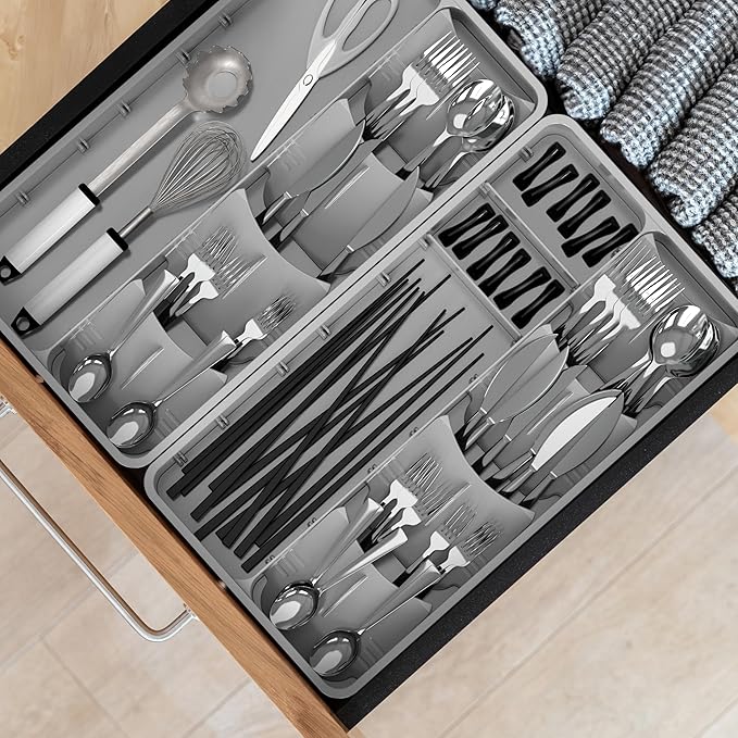 Simple Houseware Adjustable Silverware Utensil Drawer Organizer for Kitchen, Grey