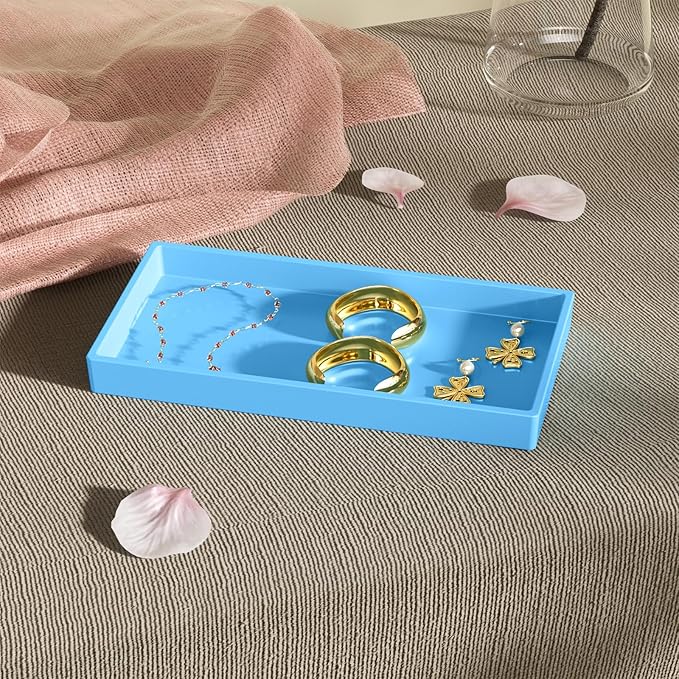 Vanity and Bathroom Tray, 7.7" ABS Countertop Organizer,Waterproof Vanity Tray for Toilet Tank,Perfume,Soap,Keys,Bathroom Accessories,Kitchen and Bath Trays,Non Slip Small Trays,Blue