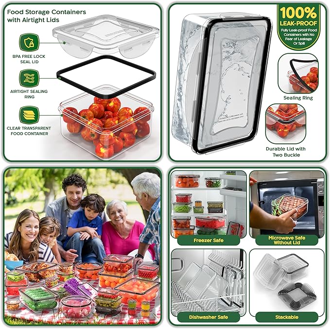 RockBerry 66 Pcs Large Food Storage Containers with Lids Airtight-Total 19075ML Stackable Kitchen Bowls Set(33 Containers,33 Lids) 2500ML to Small Box-BPA Free Leak proof Plastic Boxes-Microwave safe