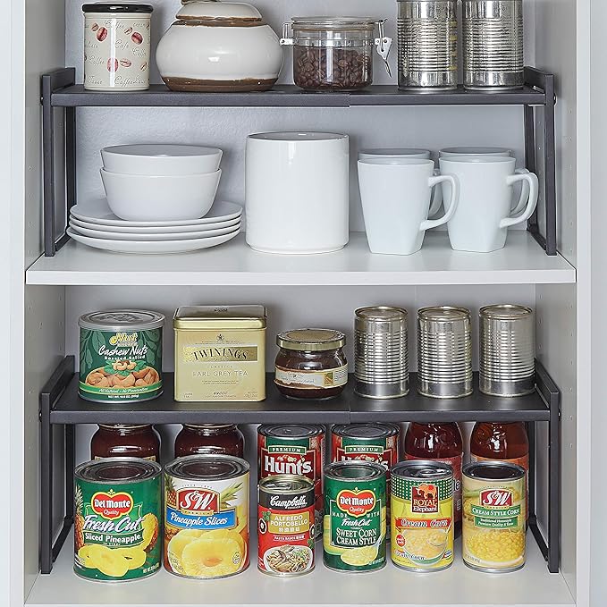 SunnyPoint Expandable Cabinet Storage Rack - Tabletop Storage Spice Shelf Organizer Rack (M - 15.1"~25.78" W X 7.87" D X 8.46" H, BLACK)