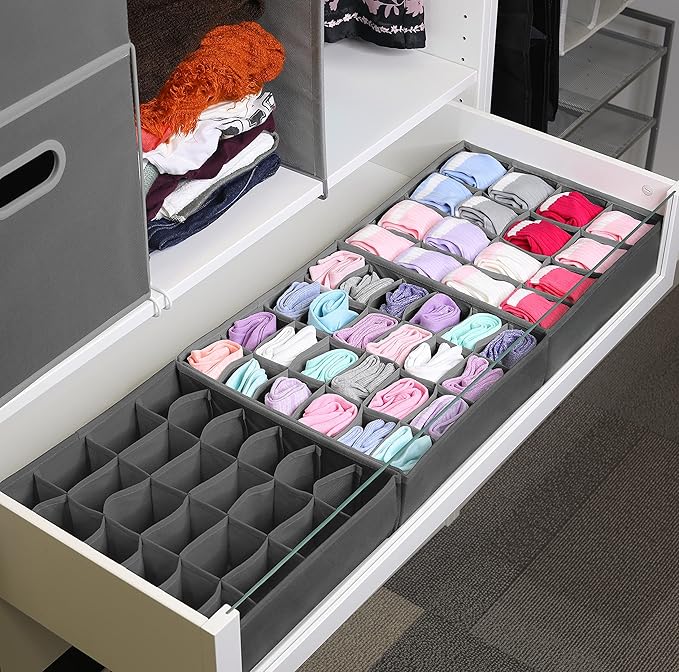 Simple Houseware Sock Drawer Organizer for Dresser/Closet/Bedroom, 3 Pack, Dark Gray