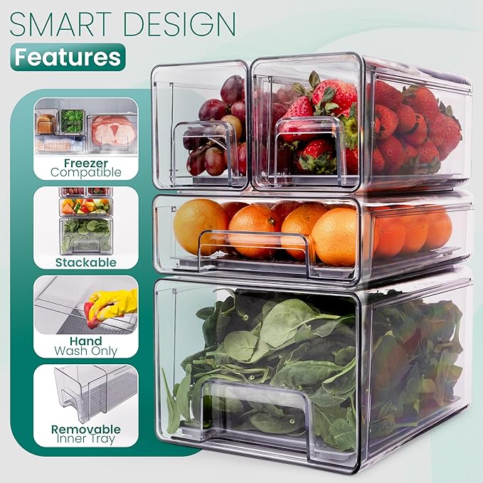 4-Pack - Fridge Organizer Bins - Stackable Fridge Organization with Drawers, Water Collection Insert, Easy Access Refrigerator Organizers and Storage