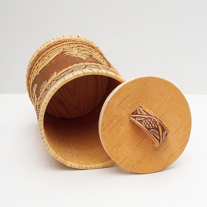 Wooden Kitchen Jar, Birch Bark Canister, Farmhouse Style Wood Container, Tall Round Storage Box Squirrel, D 4,7"(12cm), H 7,9"(20cm)