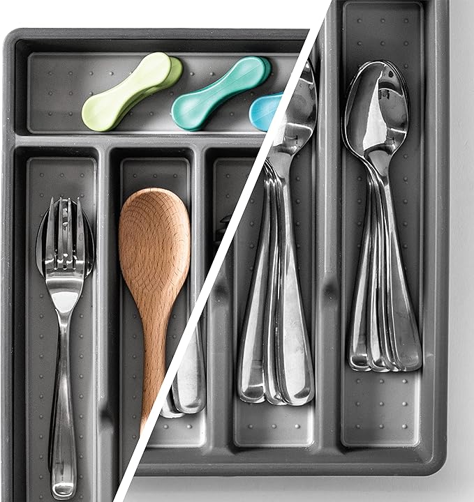 BINO | 5-Slot Silverware Organizer | Small - Grey Cutlery Tray Organizer | Silverware Storage for Drawer | BPA-Free Plastic Organizers with Soft-Grip Lining and Rounded Corners | Utensil Organizer