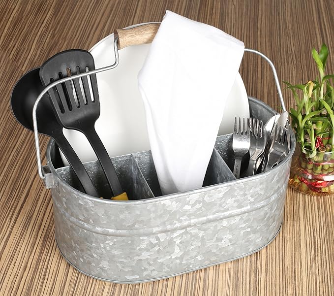 Alpha Living Home - Galvanized Metal Utensil Caddy – Rustic Farmhouse Organizer for Kitchen, Buffet & Outdoor Events, 13.5"x10"x5.5" with Removable Handle & Multi-Compartment Storage
