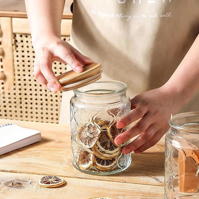 Glass Storage Jars With Airtight Lid, 23.7oz Canister For Kitchen Counter with Bamboo Lid, brown sugar, candy, coffee, cookie, salt, tea,pantry cute Jar (Begonia Flowers*1)