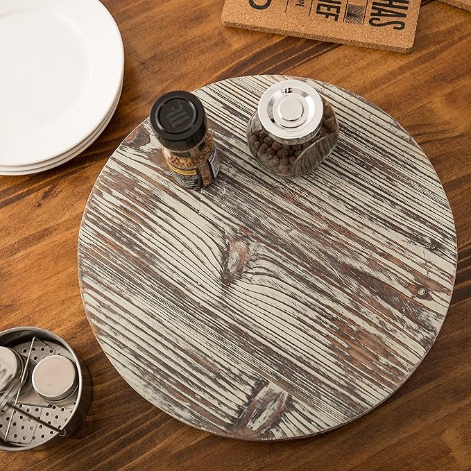 MyGift 12.8 Inch Round Rustic Torched Wood Lazy Susan Spinning Turntable Tray, Rotating Wooden Countertop Spice Rack, Kitchen Cabinet Organizer Home Decor